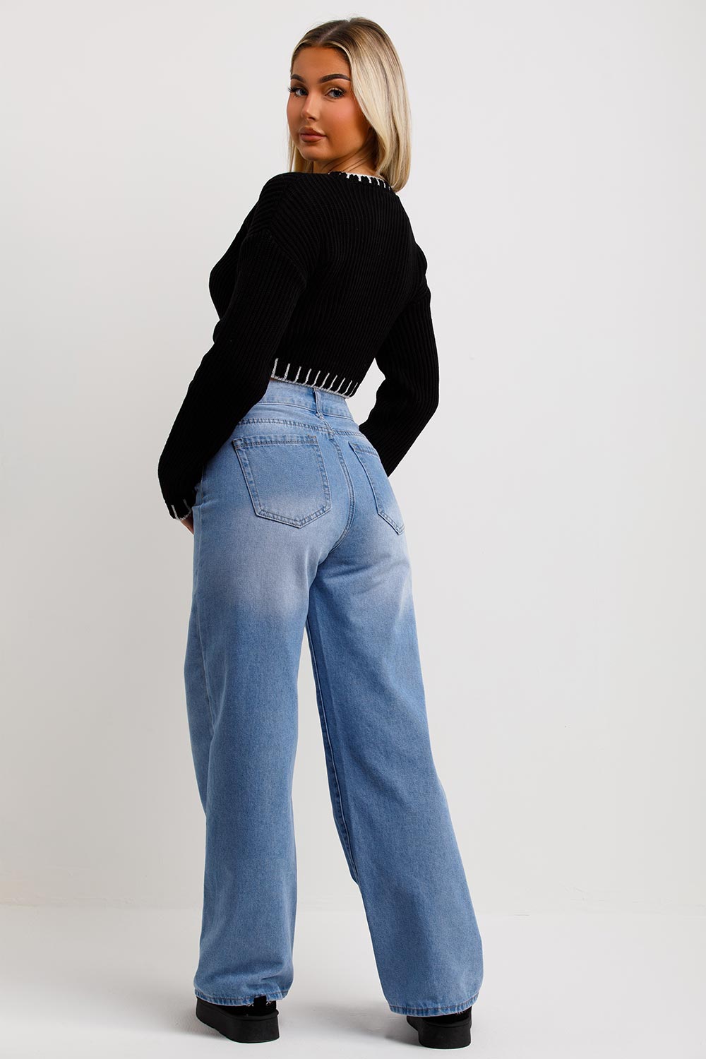 crop knitted jumper black with blanket stitches detail