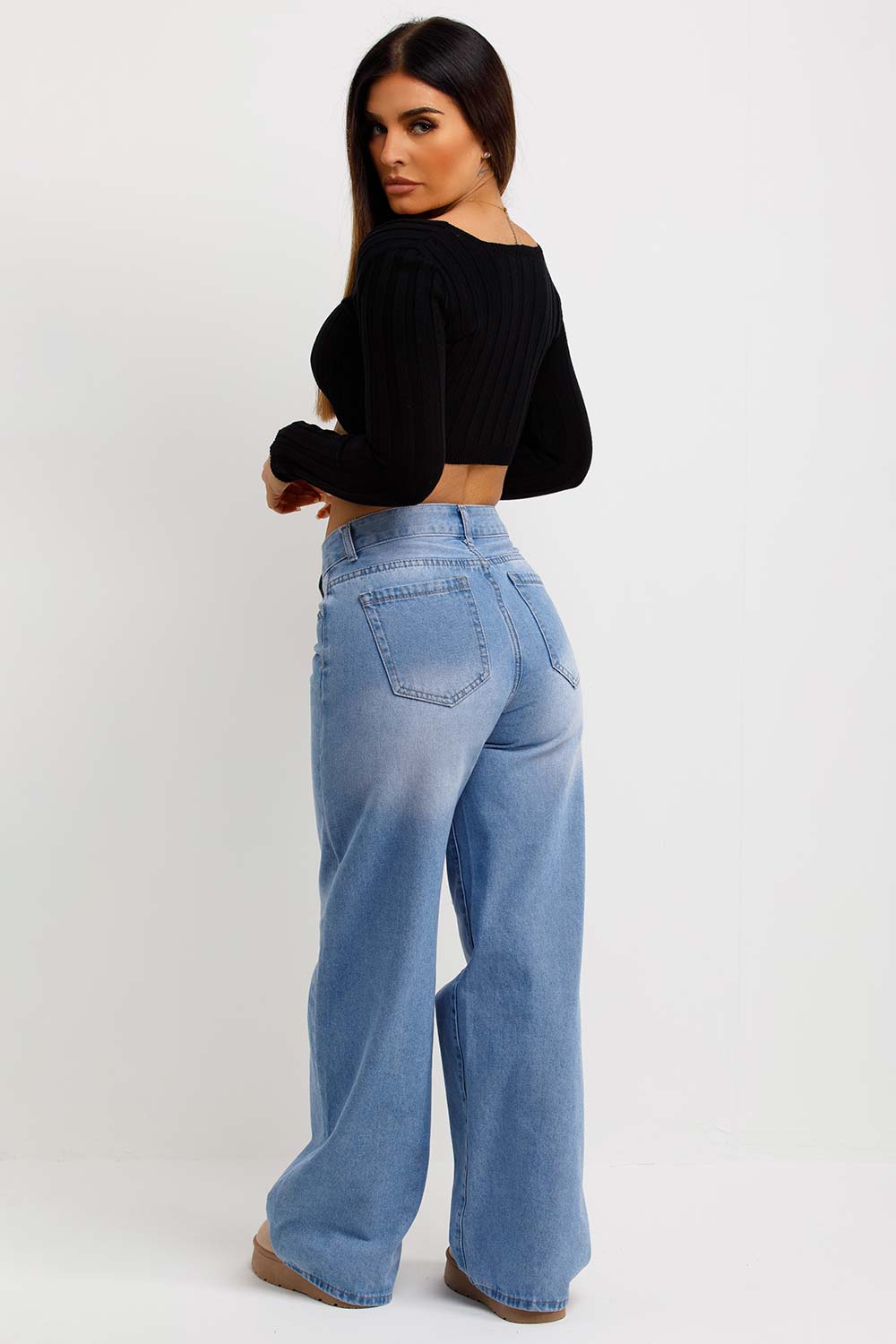 womens crop jumper with long sleeves and square neck