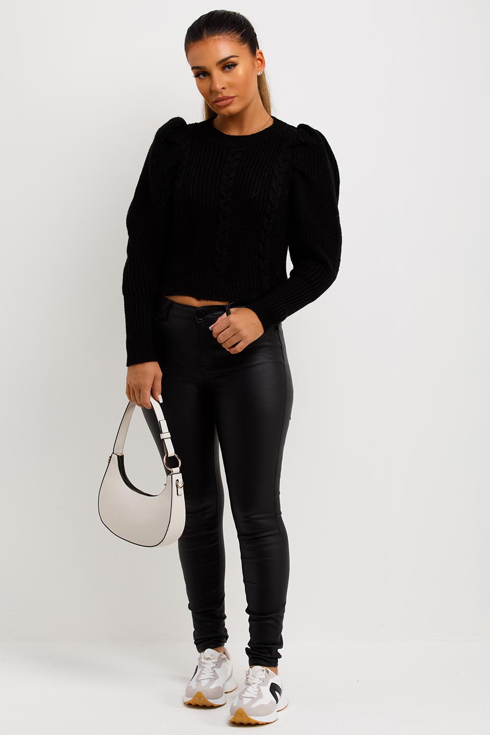 knitted crop puff shoulder jumper womens