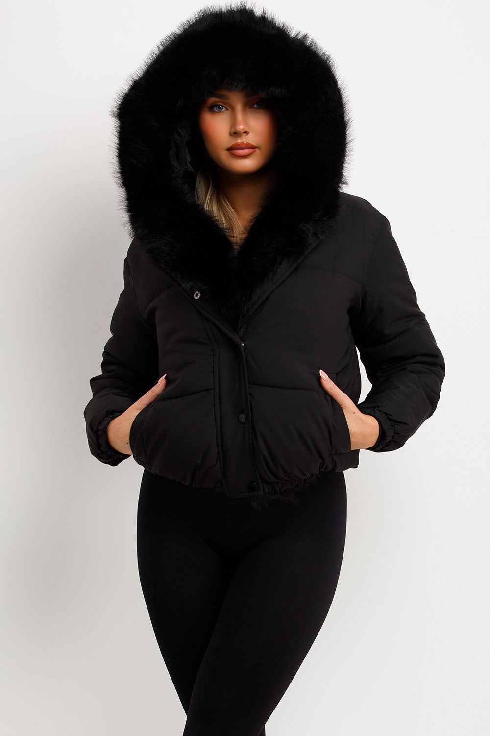 womens bomber jacket with faux fur hood and trim