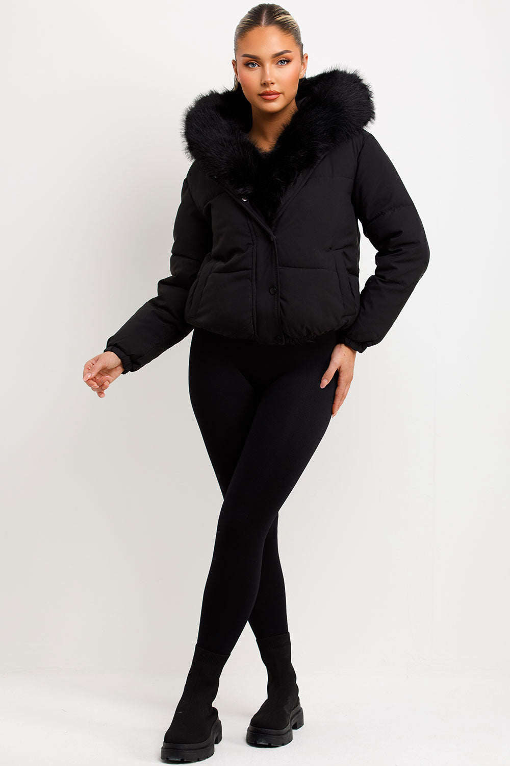 womens fur hood and trim padded bomber jacket for winter