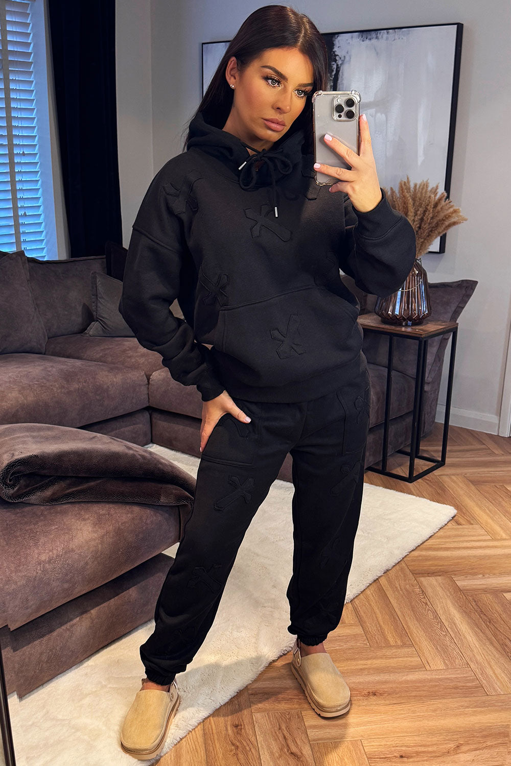 womens distressed cross hoodie and joggers set loungewear styled up