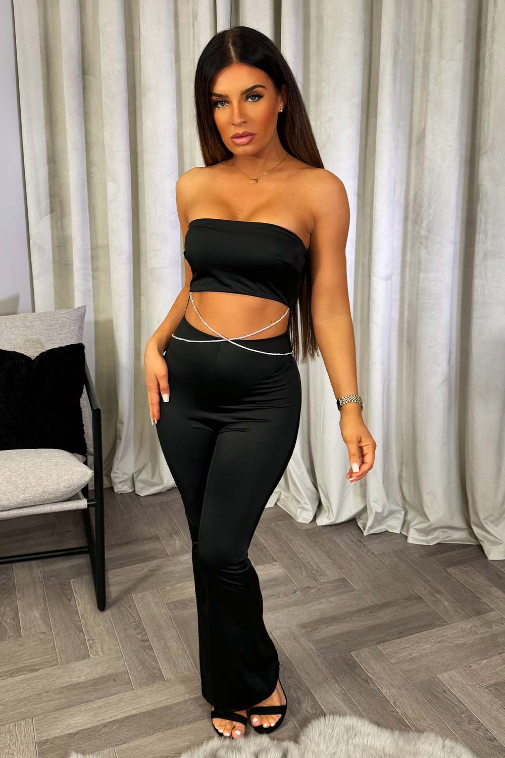 womens going out jumpsuit with cut out diamante trim