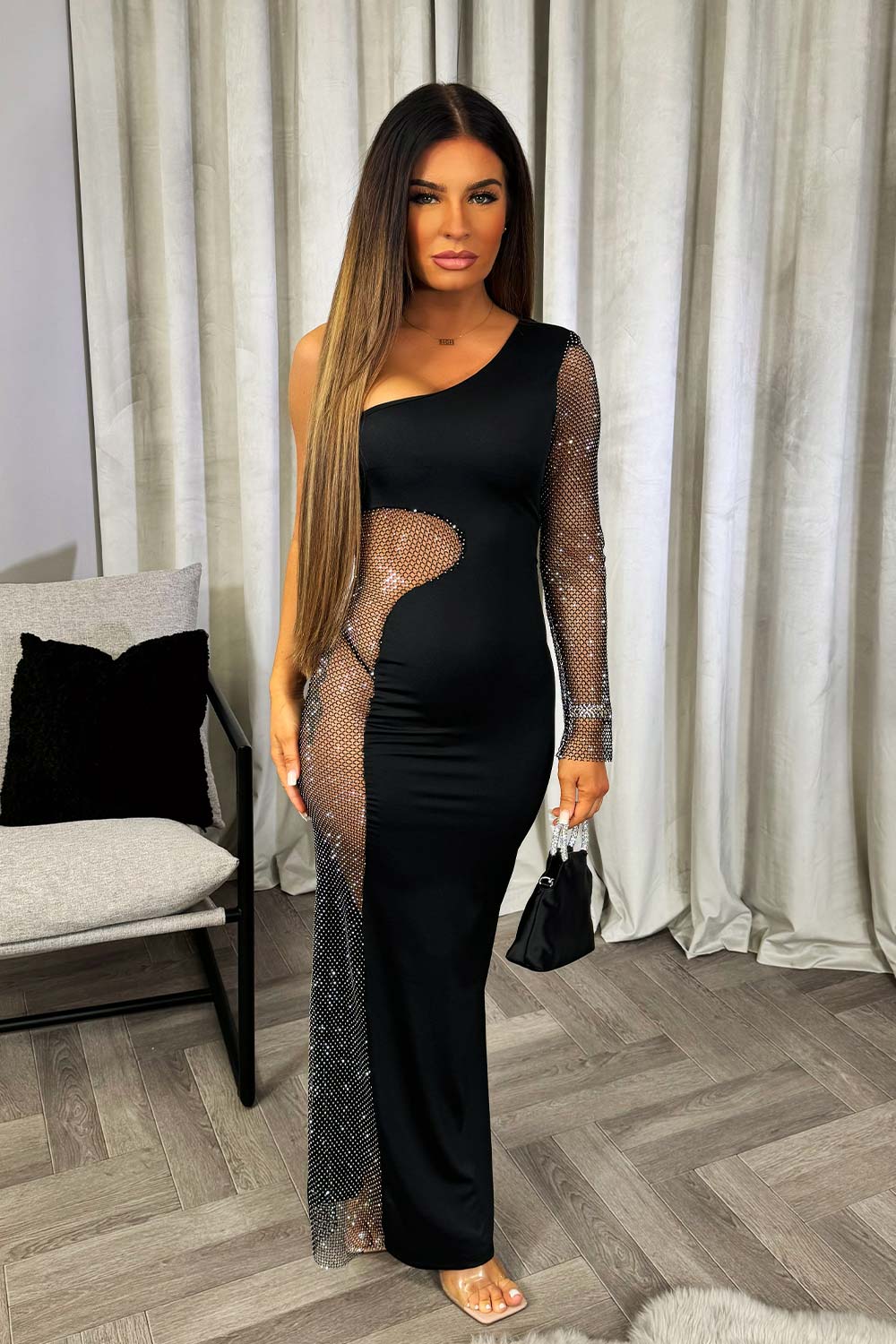 rhinestone cut out side going out maxi dress christmas outfit