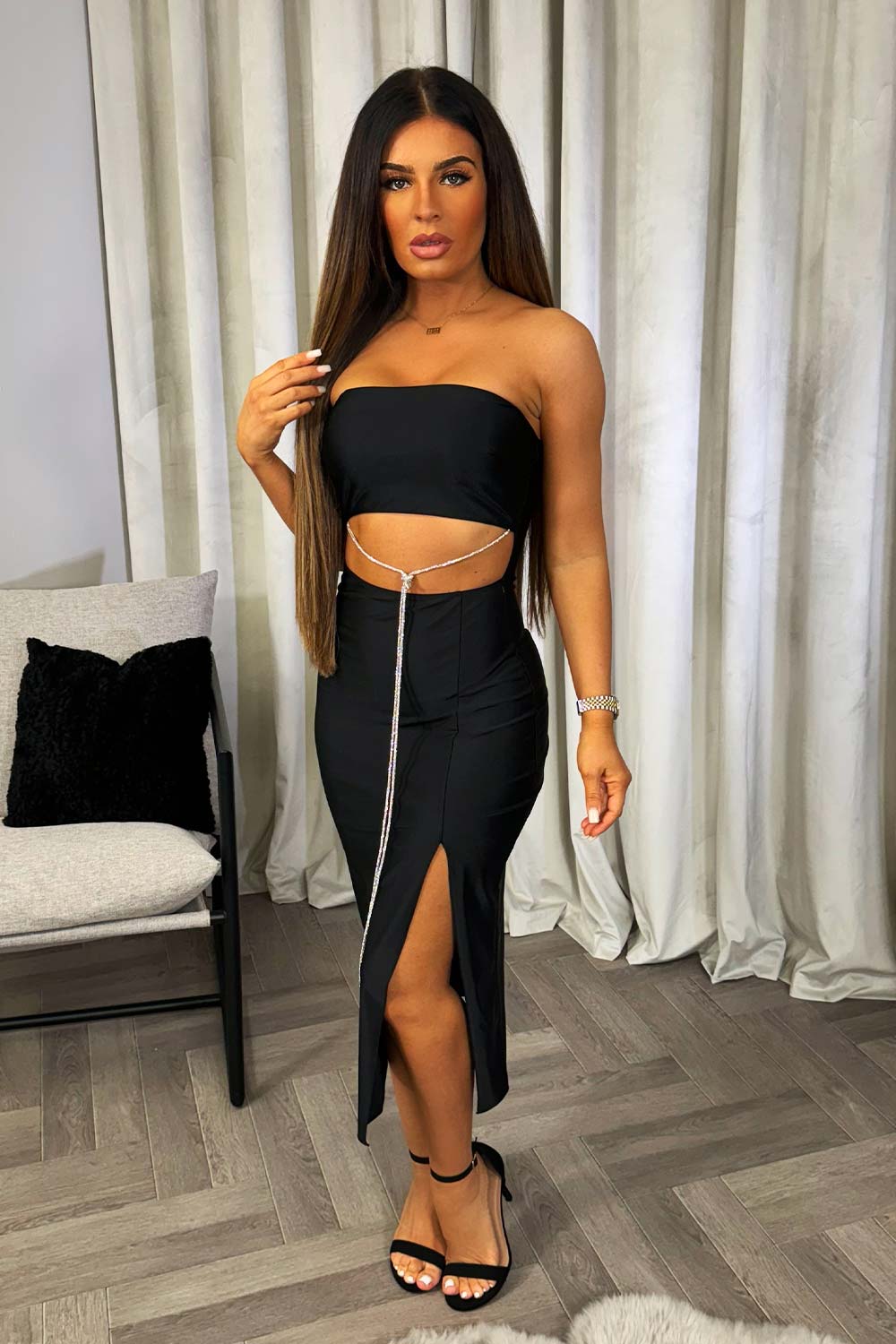 womens black satin christmas party dress with diamante trim