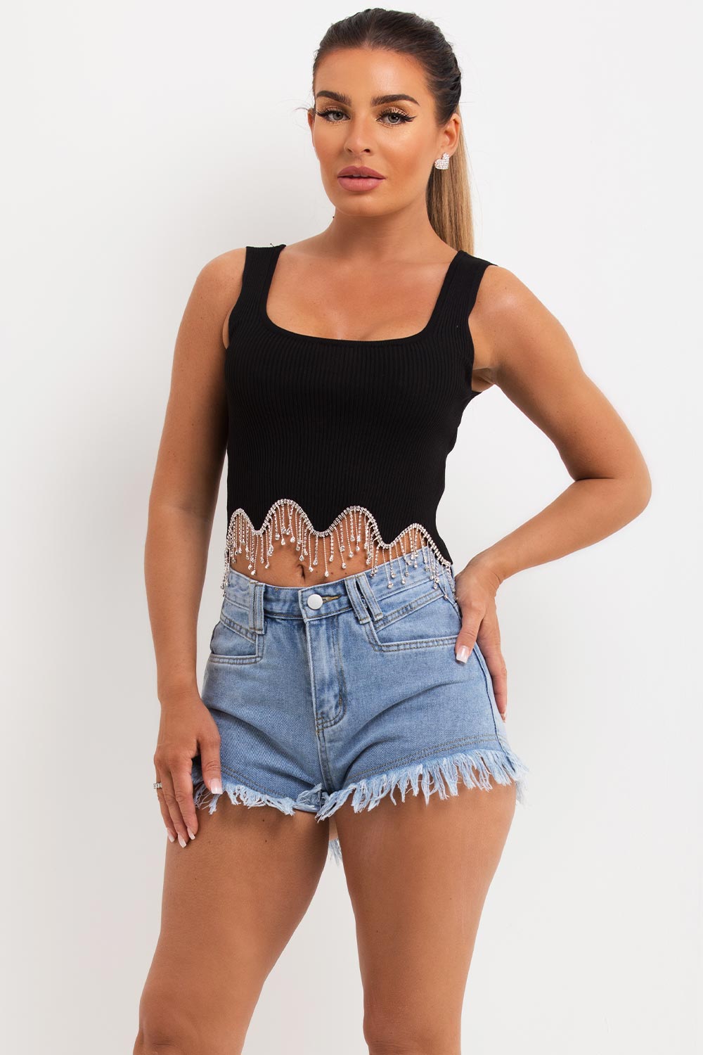 black ribbed top with rhinestone diamante trim