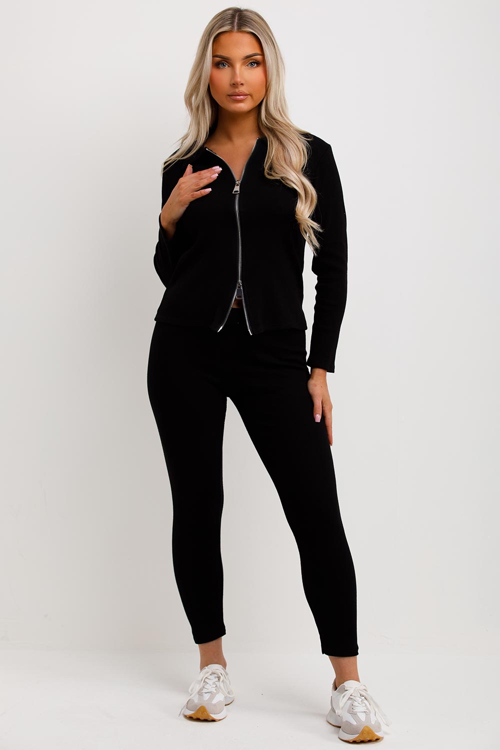 zip front ribbed black loungewear set