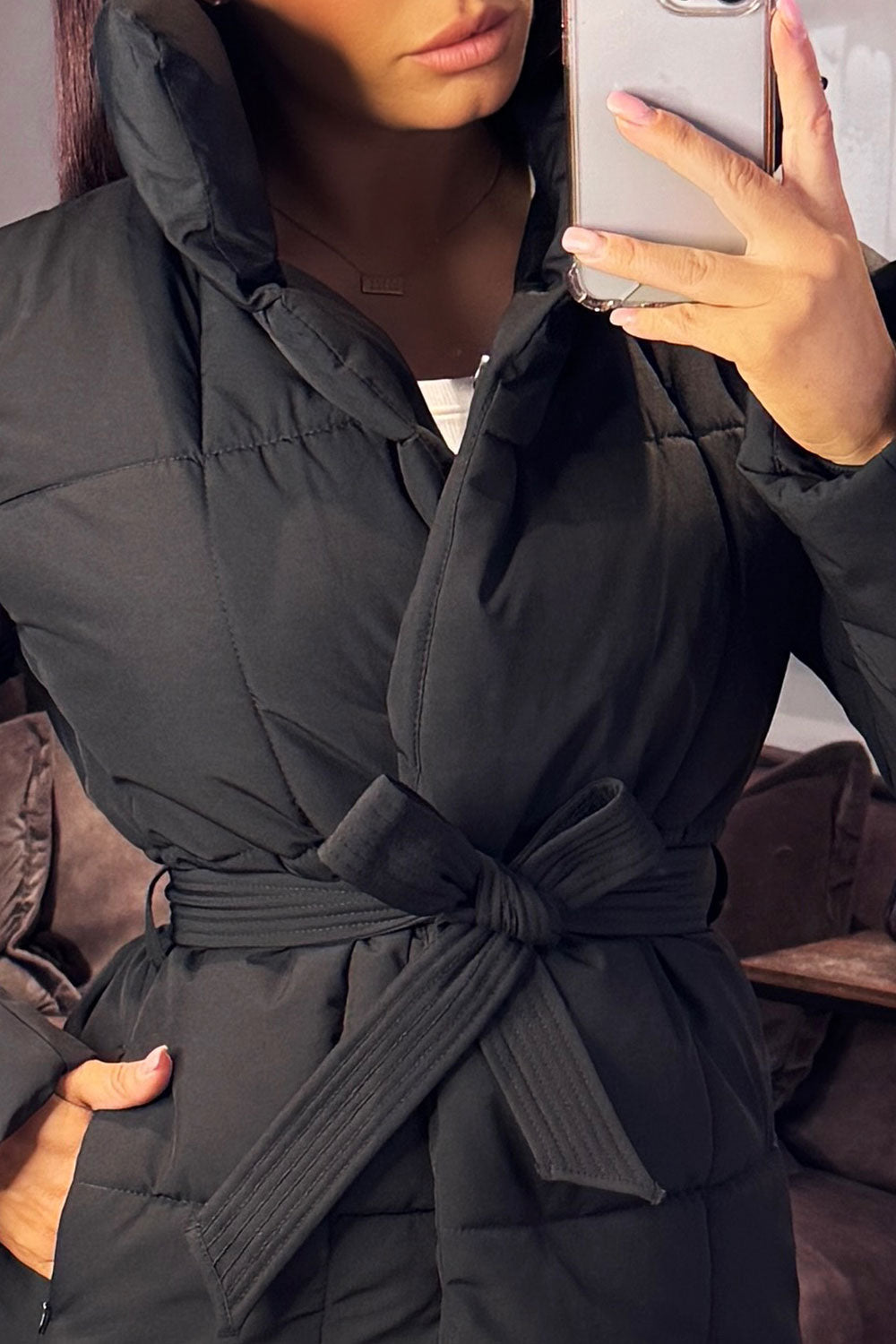 womens warp over duvet coat black