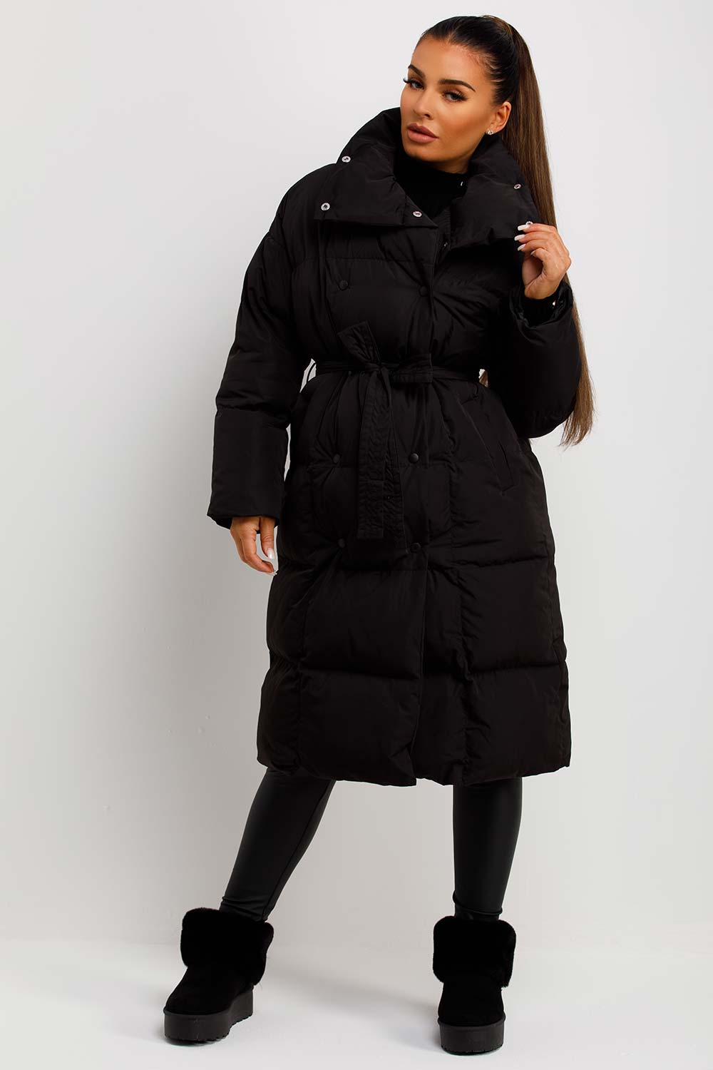 womens padded puffer duvet coat with belt longline