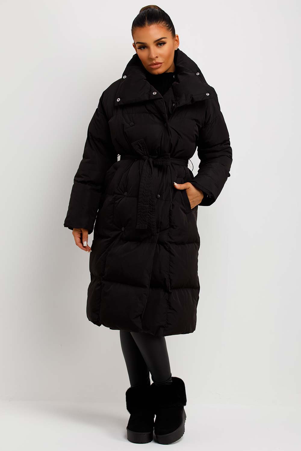 womens long puffer padded duvet coat with belt