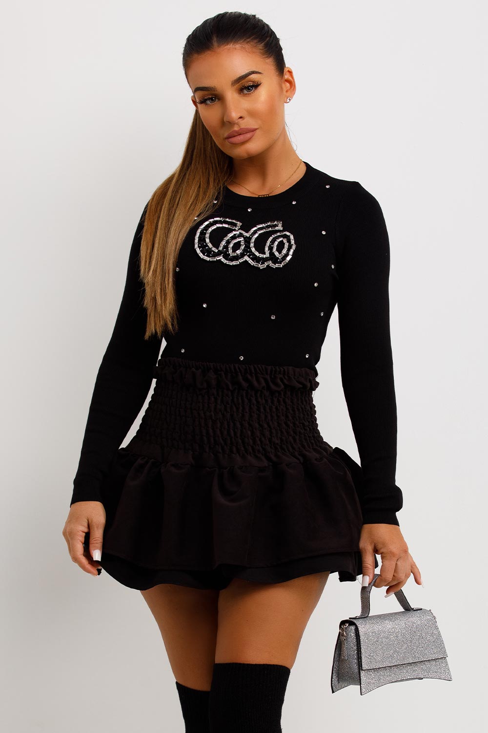 coco diamante detail knitted top womens going out christmas outfit