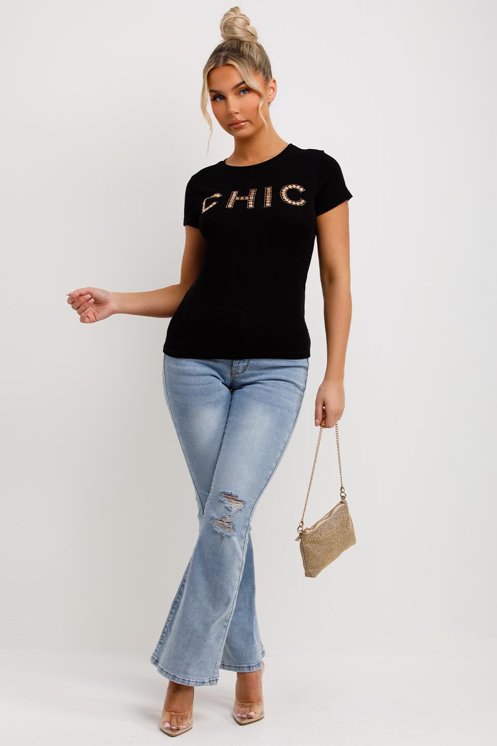 womens black t shirt with chic diamante