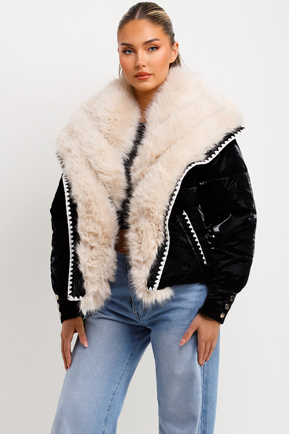 womens faux fur trim and collar padded puffer coat with stitching