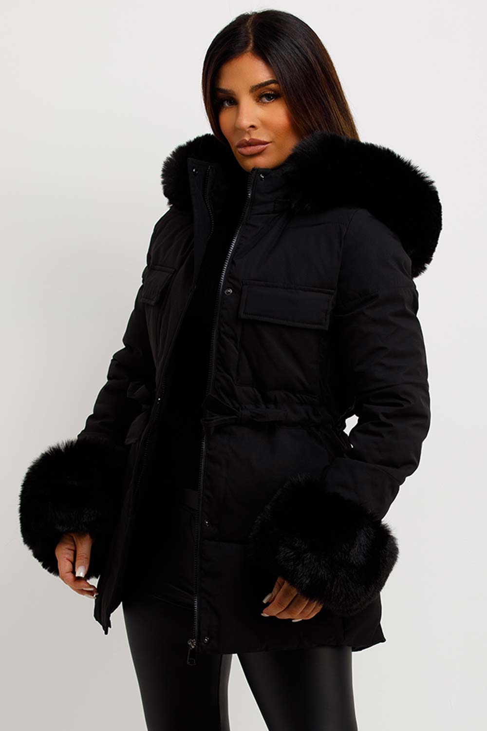 womens black puffer coat with fur hood and cuff