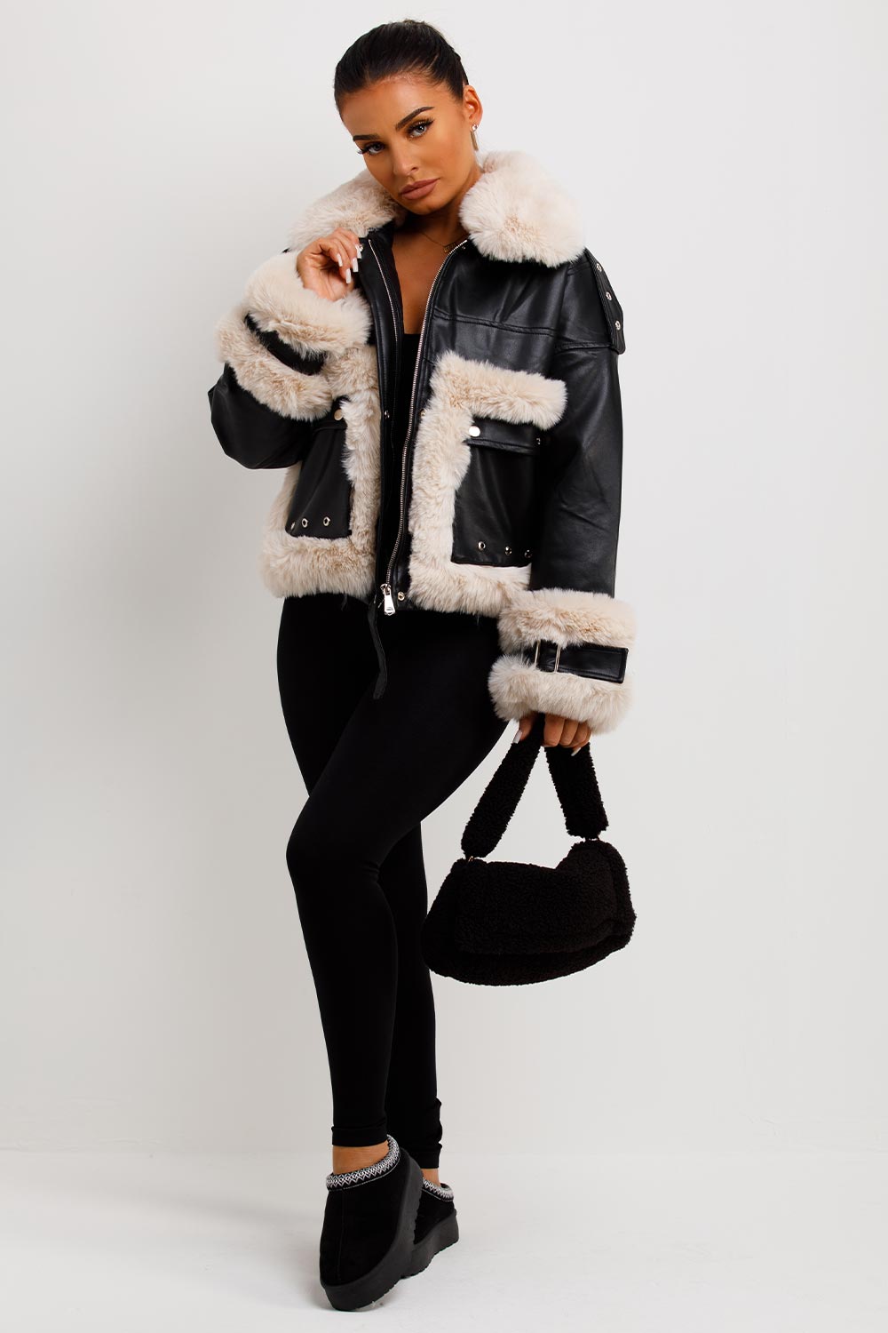 womens zara faux leather jacket with faux fur trim