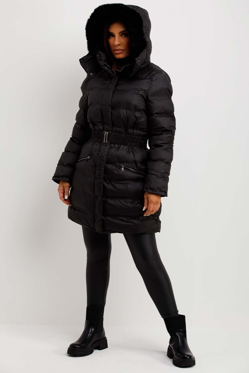 womens padded puffer coat with fur hood and belt