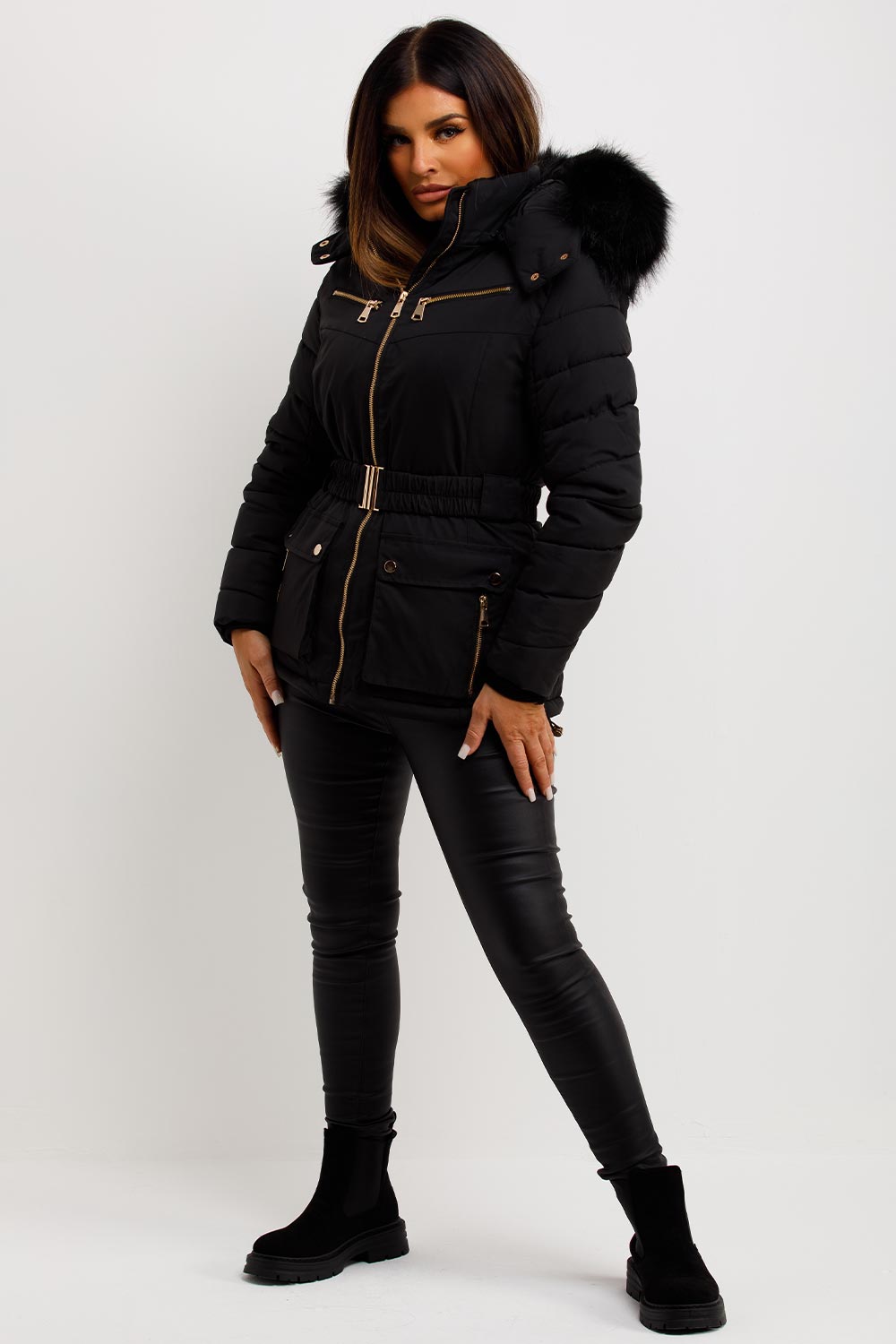 womens puffer padded coat with fur hood