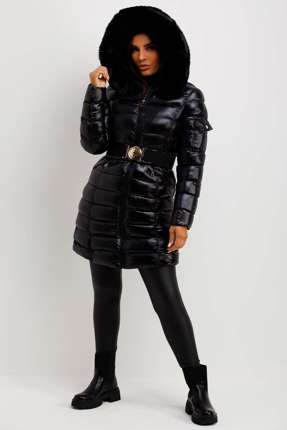 puffer padded coat with faux fur hood and belt styledup