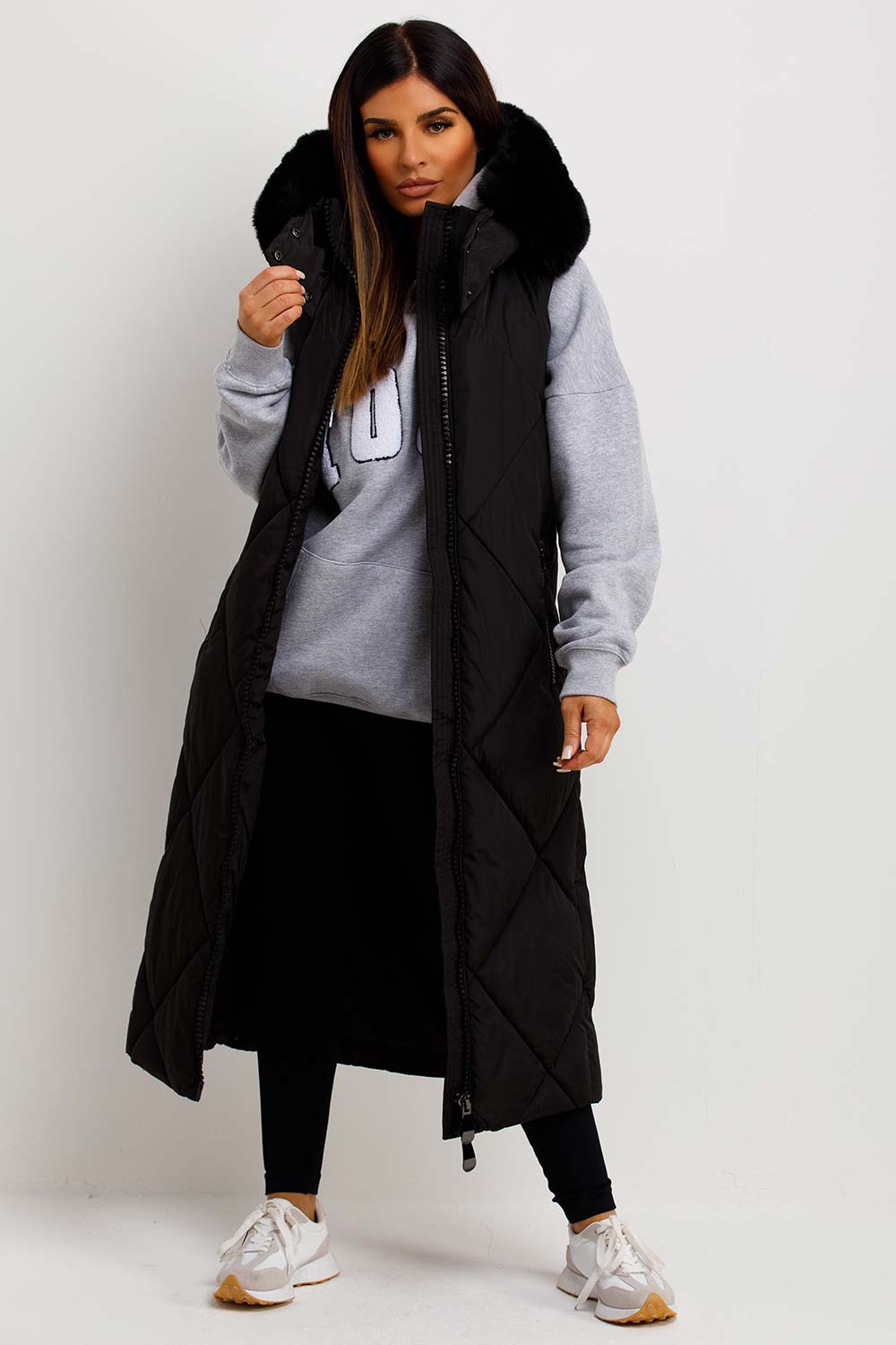 womens puffer padded long gilet with fur hood