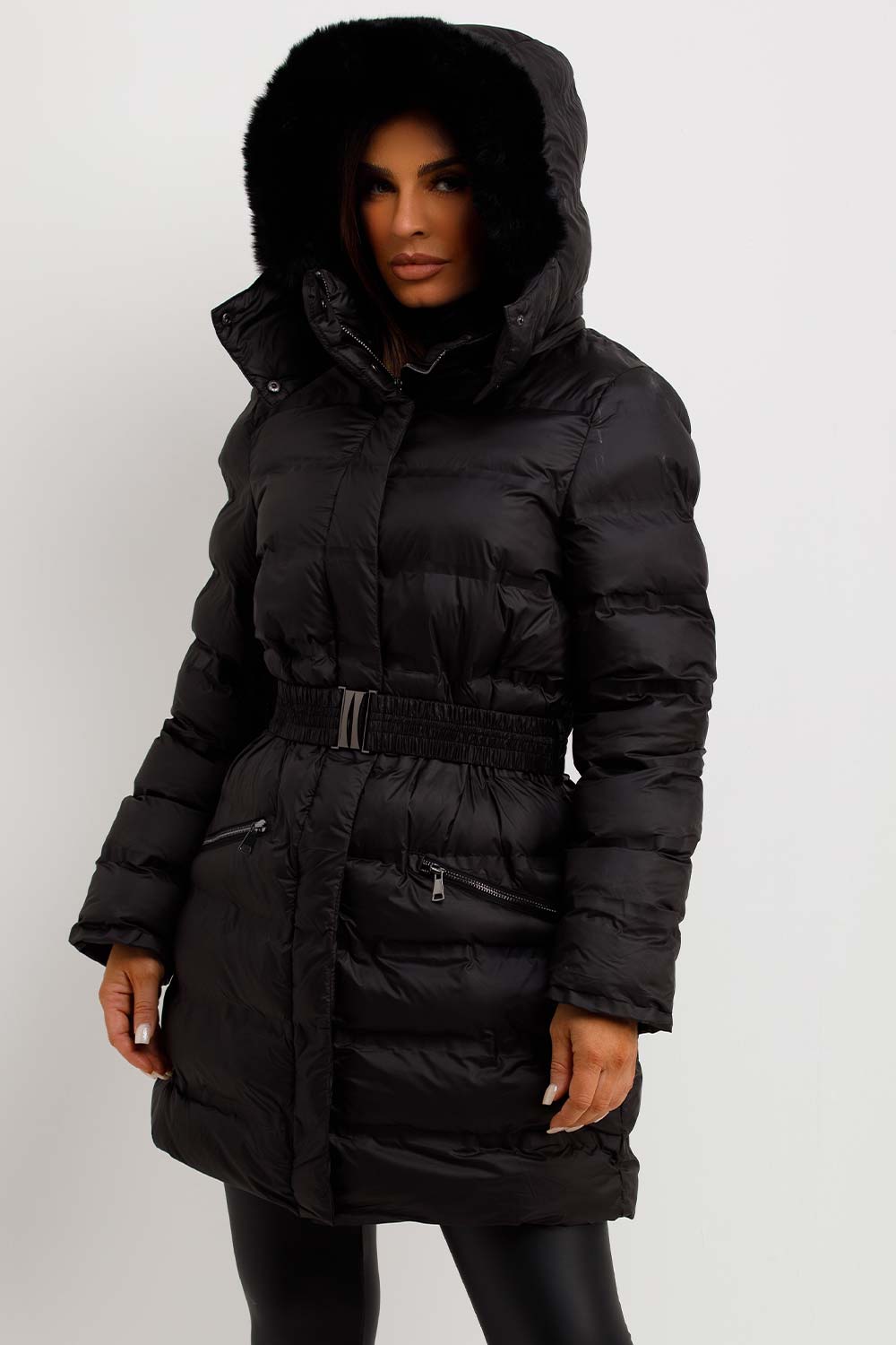 womens padded puffer coat with fur hood and belt