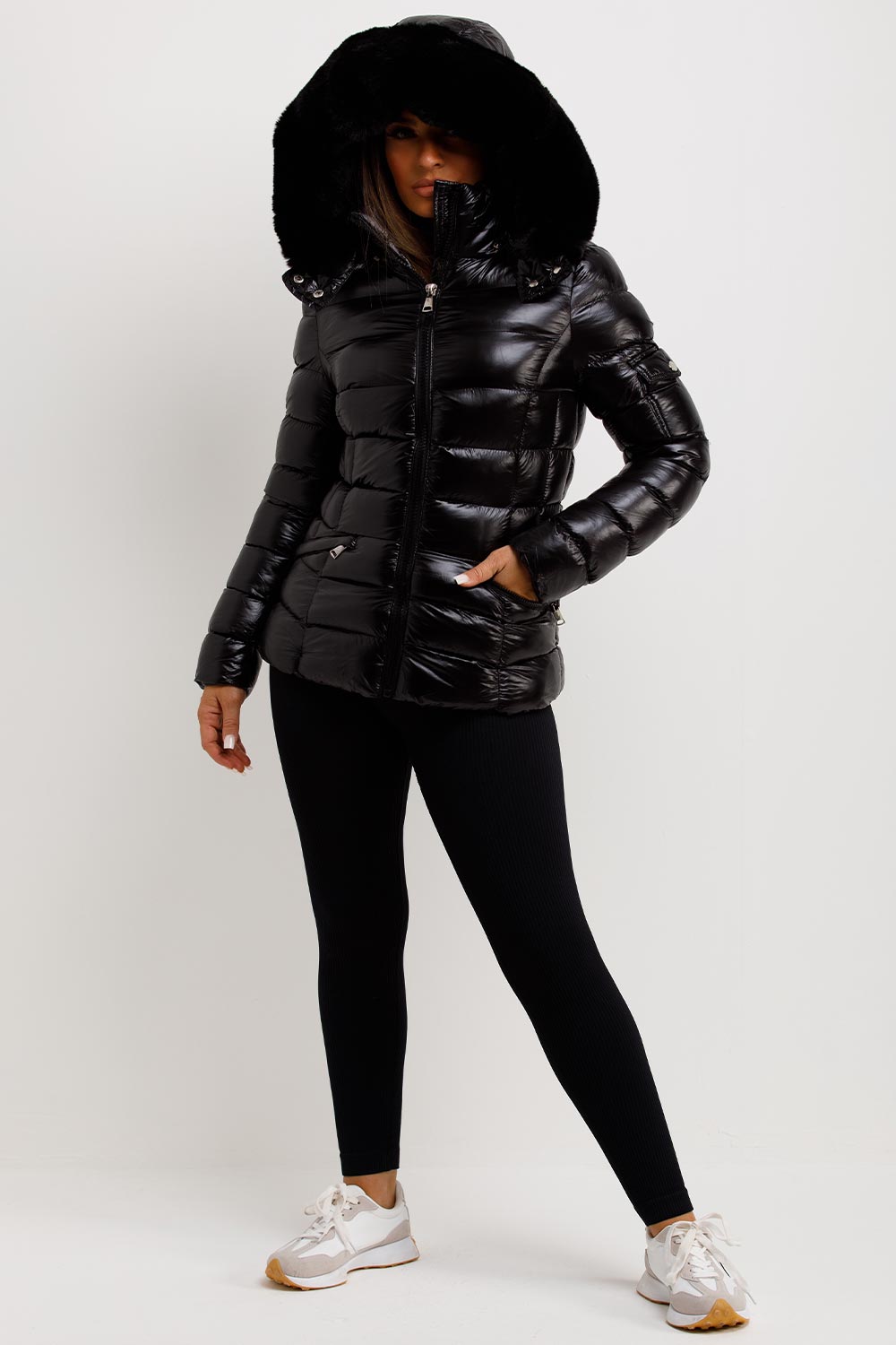 shiny puffer padded jacket with fur hood womens