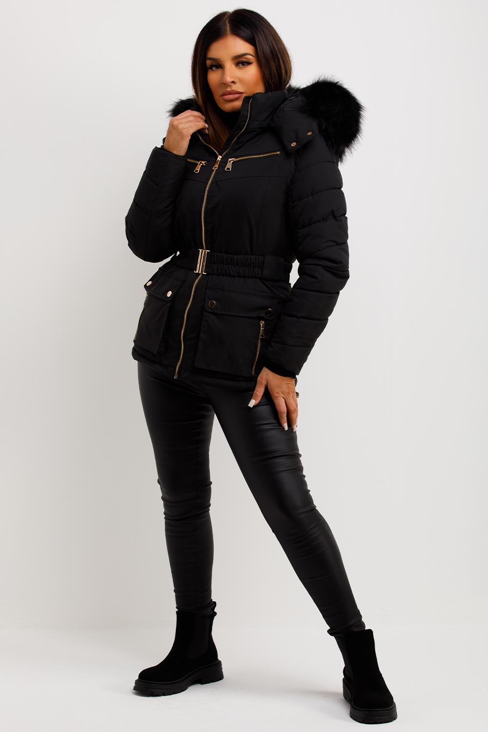 womens puffer padded coat with fur hood