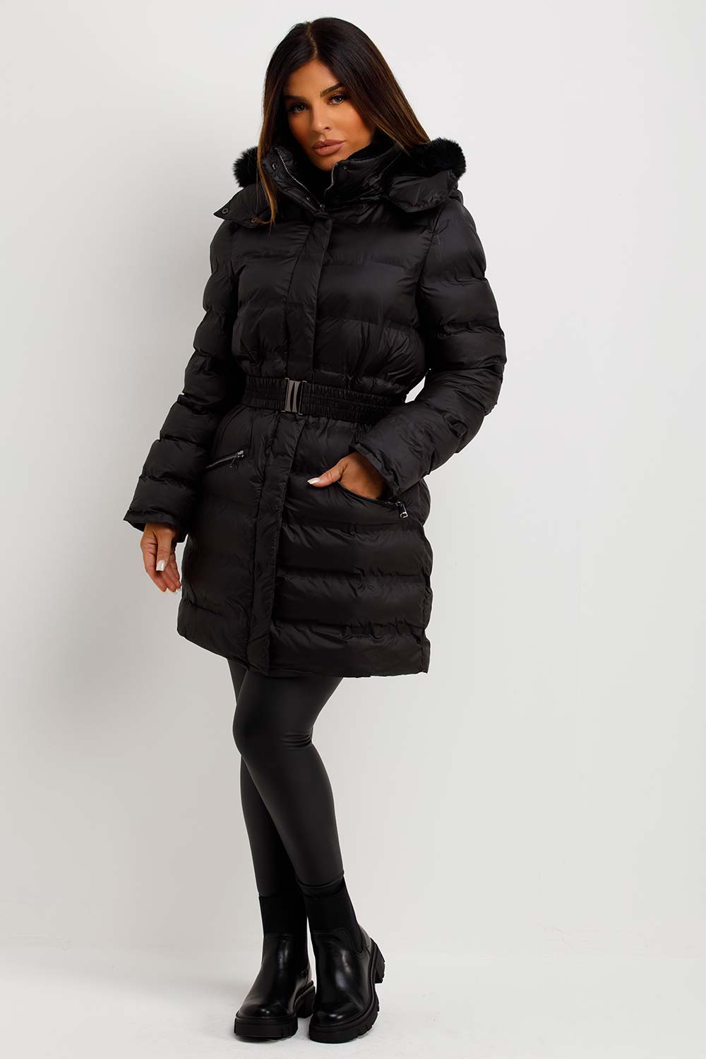 womens padded puffer coat with belt and fur hood