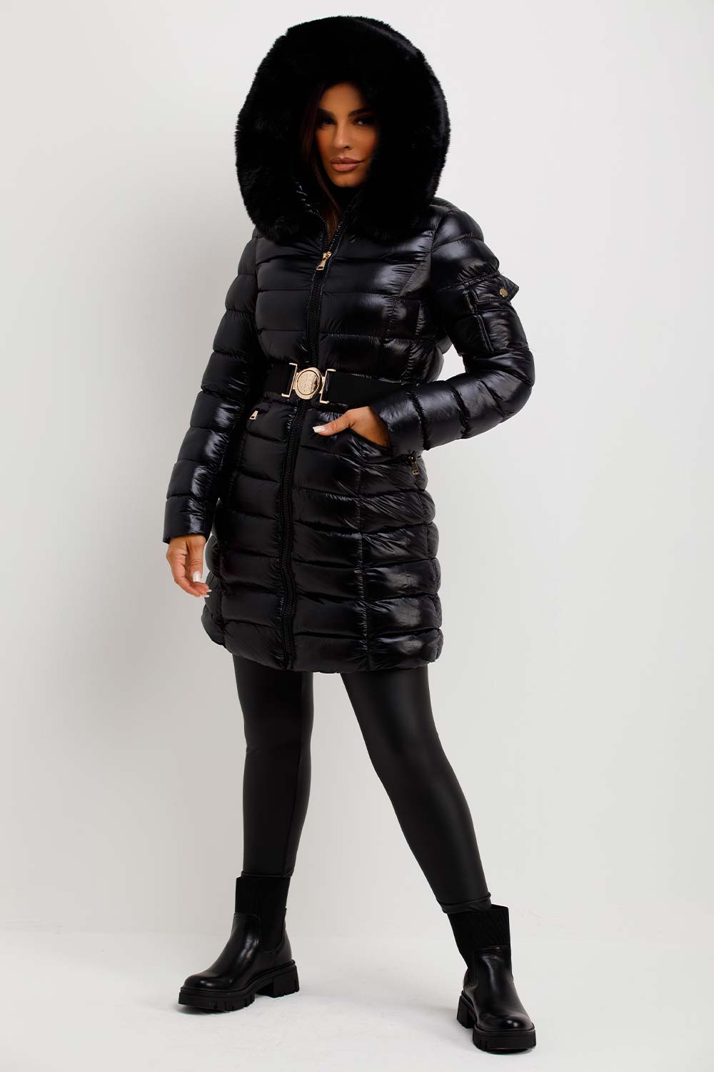 puffer padded belted coat with fur hood