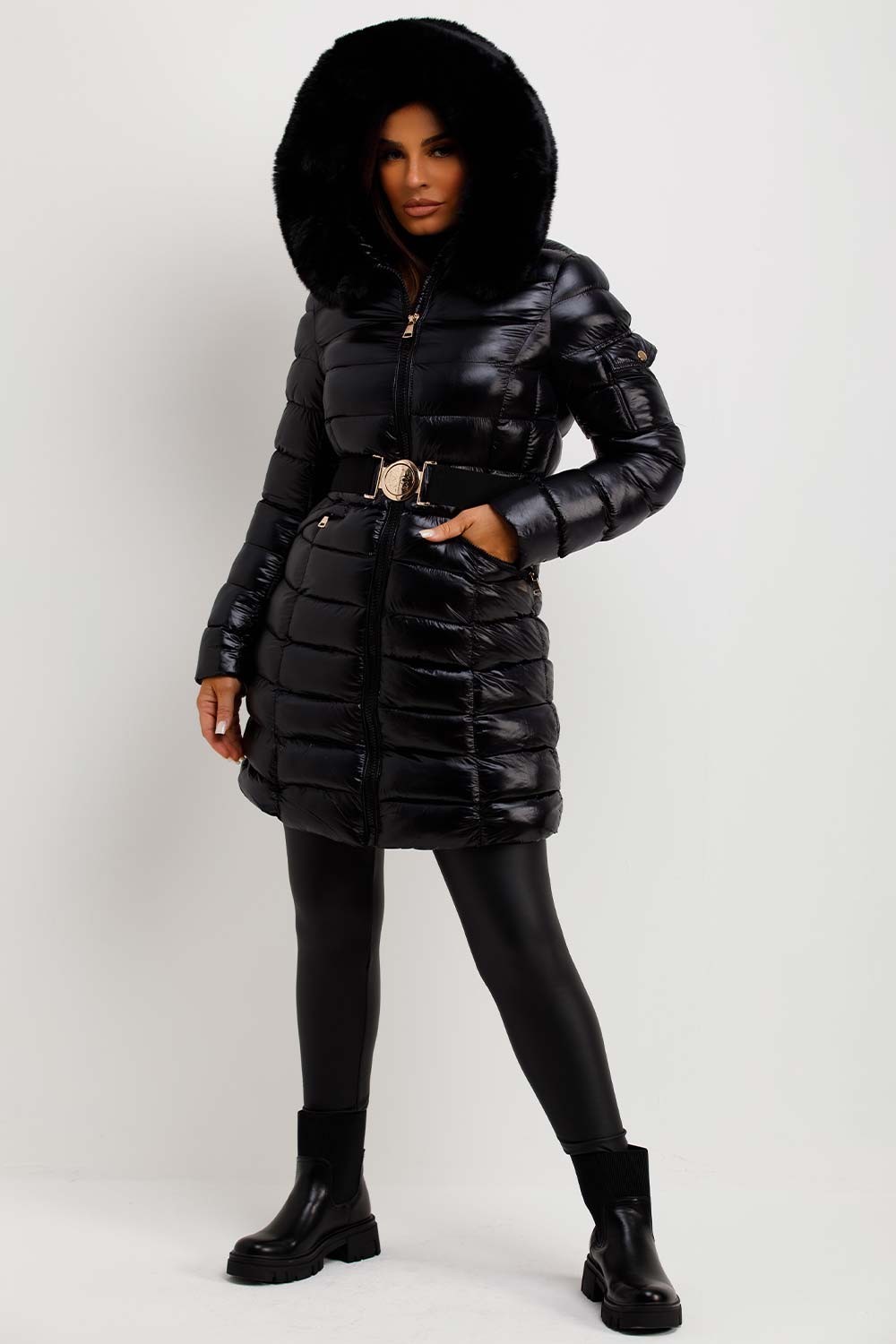 padded puffer belted coat with fur hood womens winter outerwear