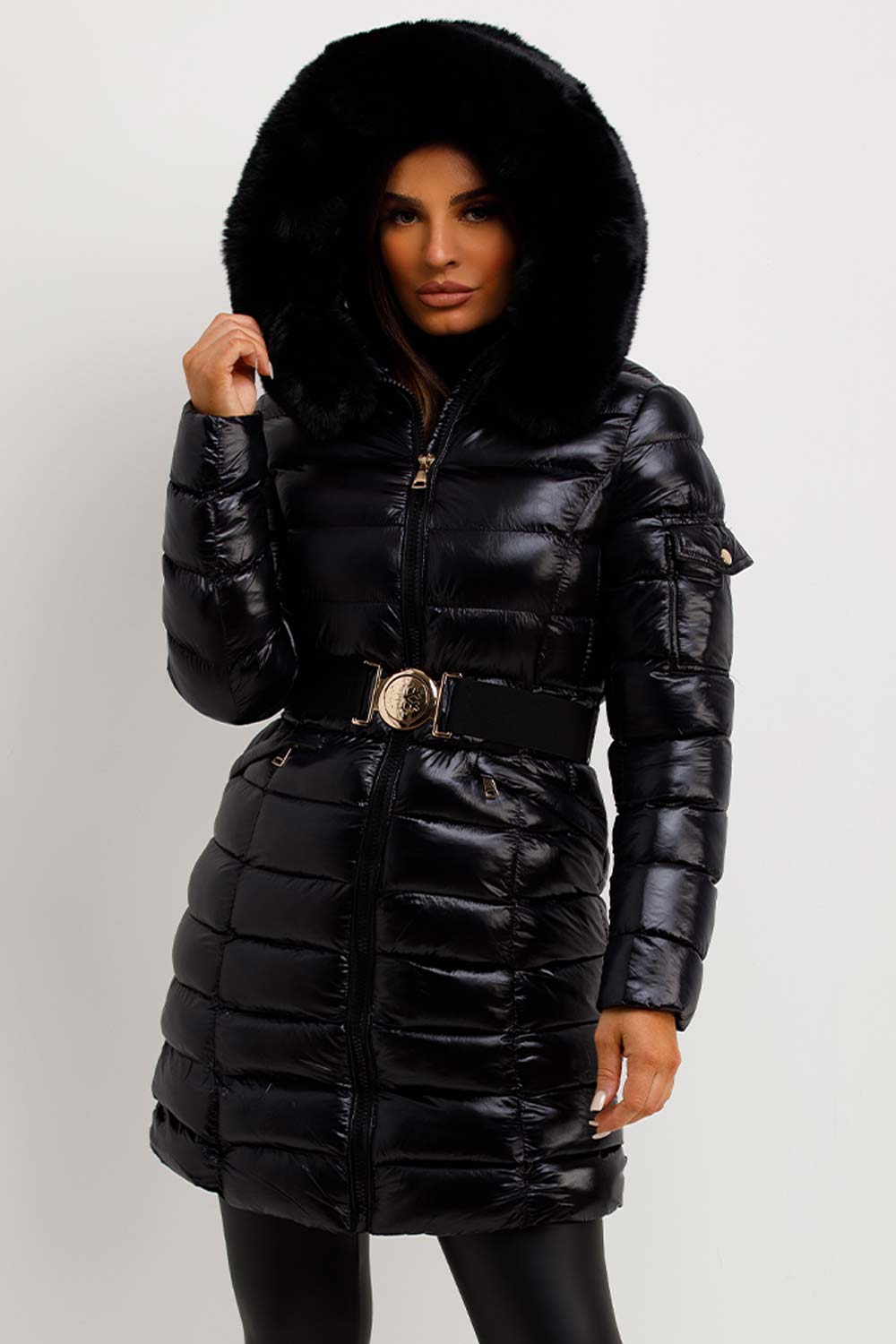 shiny puffer coat with belt black