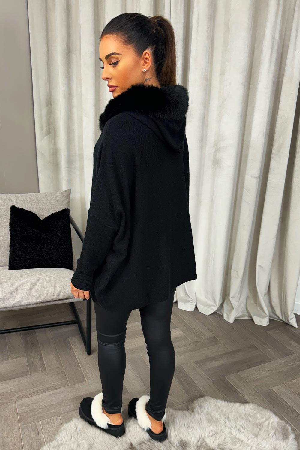 womens knitted jumper with fur hood