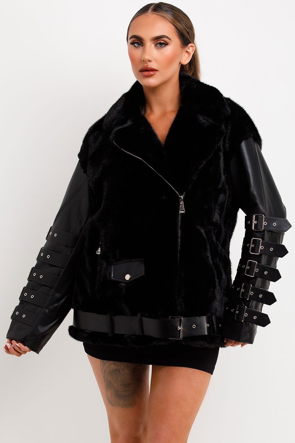 faux leather faux fur jacket with buckle and belt detail styledup