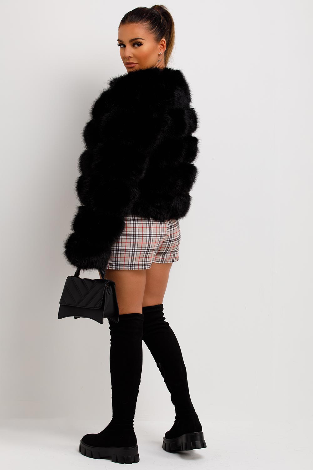 faux fur bubble coat black fur panelled jacket