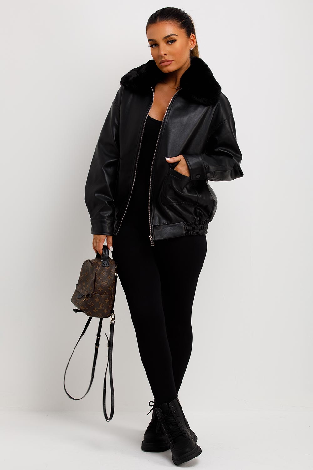 faux fur faux leather bomber jacket black