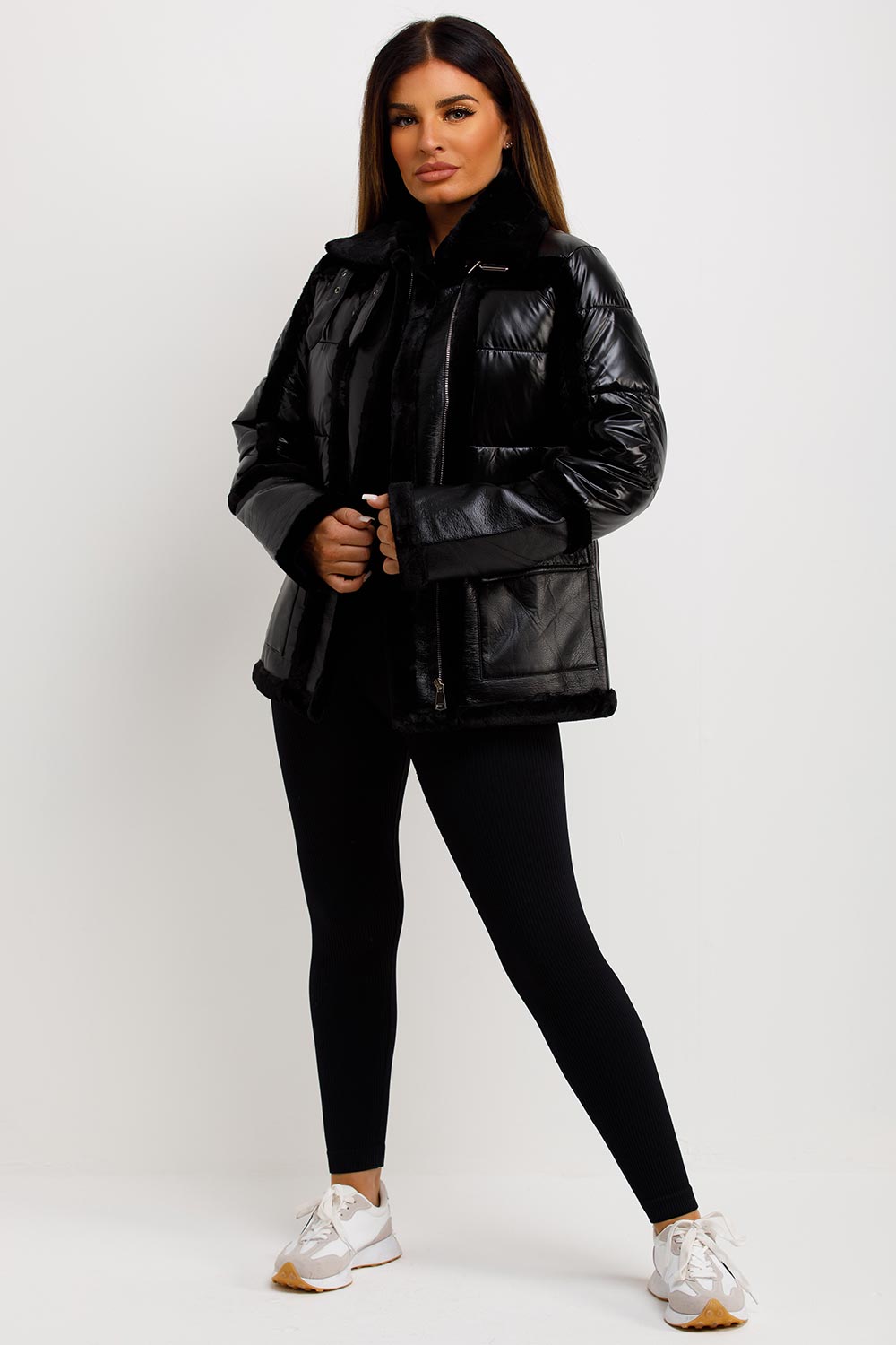 fur trim faux suede shiny padded jacket