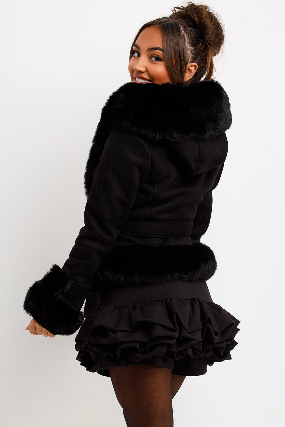 fur jacket with belt and hood womens