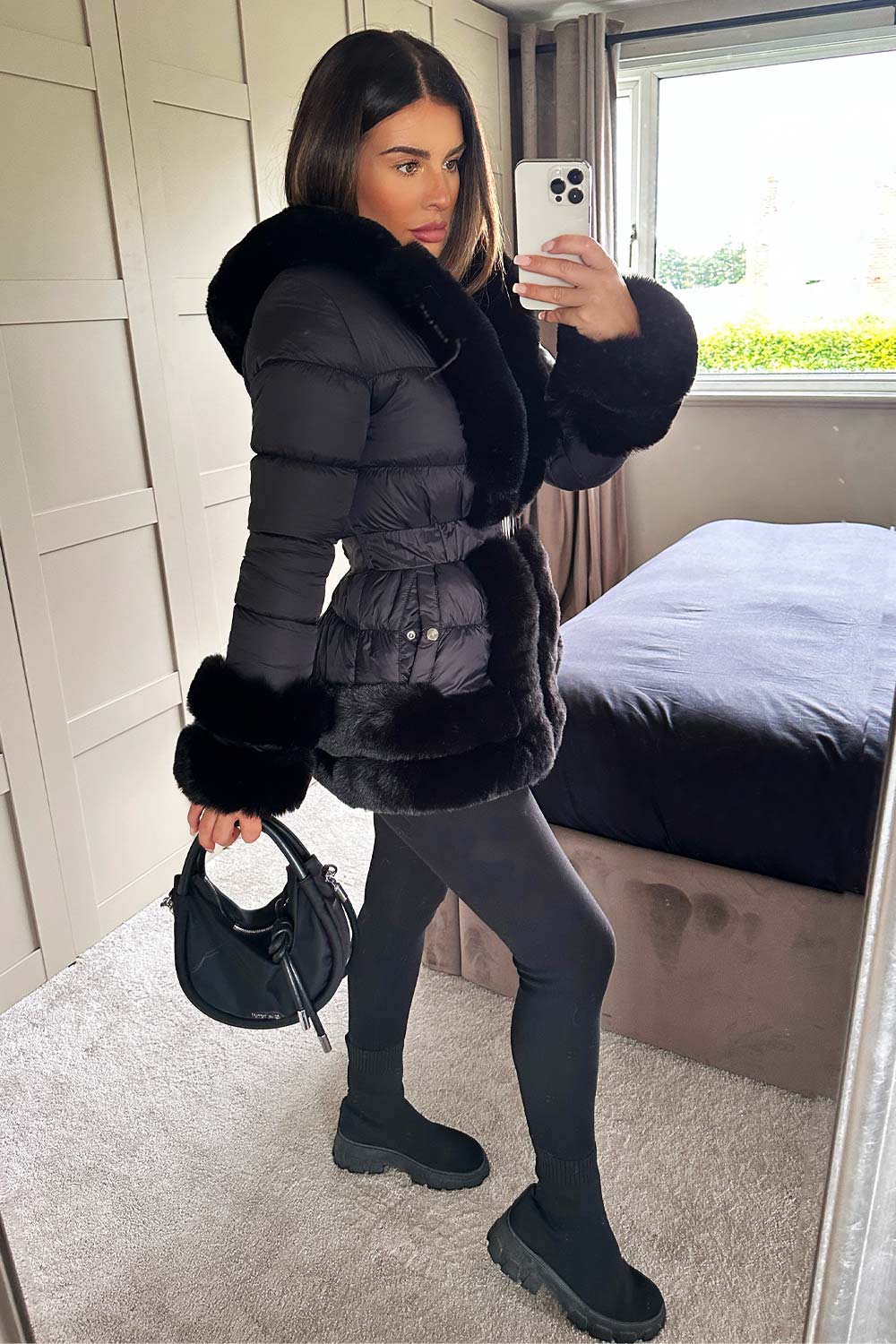 fur trim down jacket black