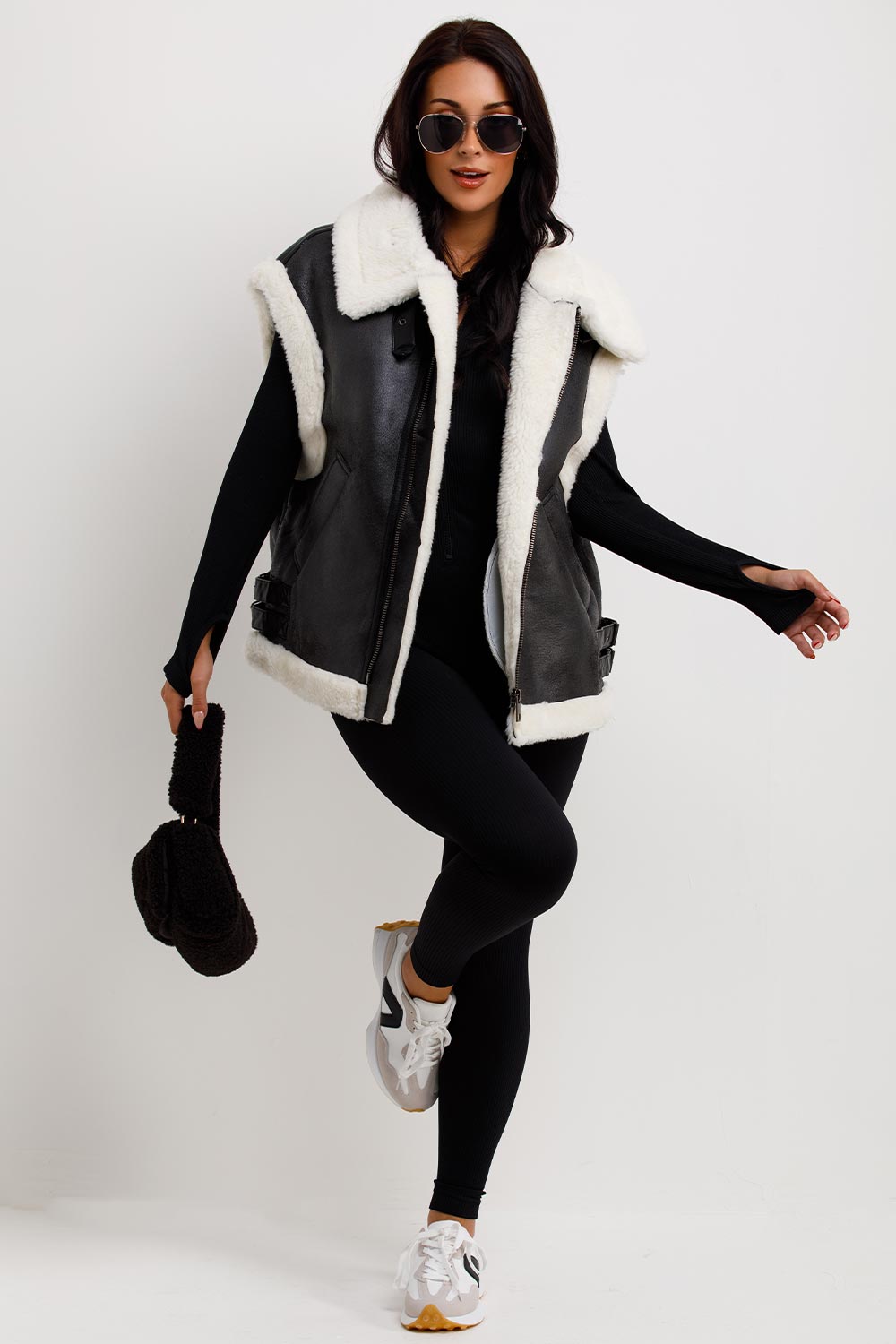 womens shearling aviator gilet faux leather