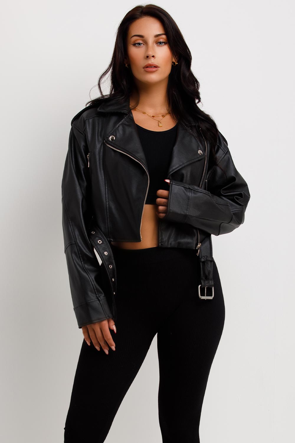 womens zara faux leather jacket with belt and lapel collars