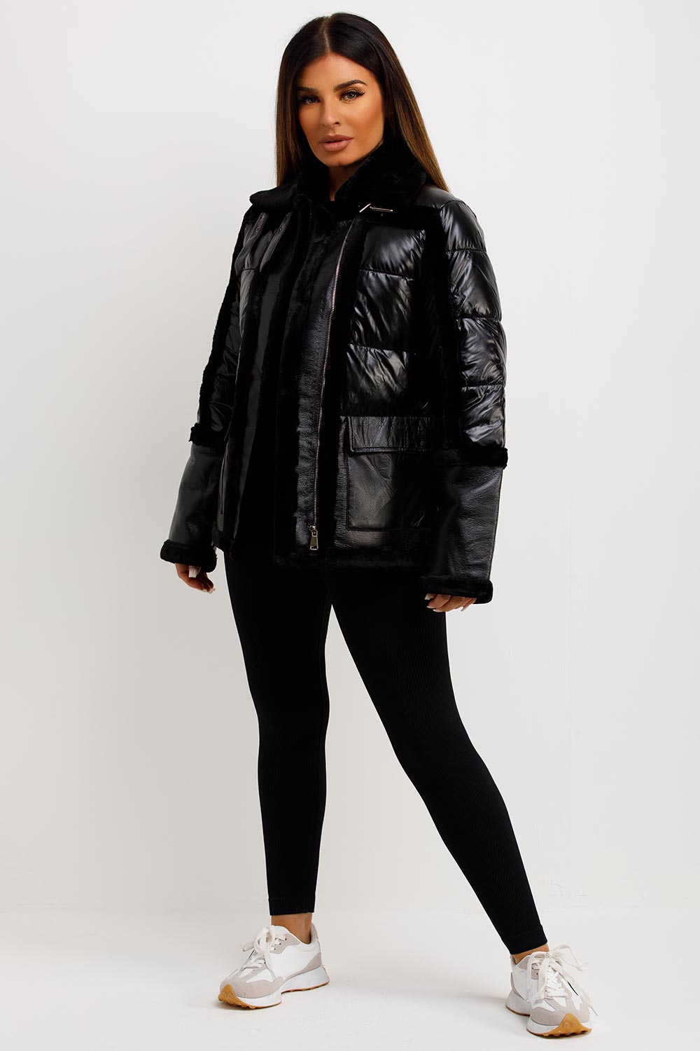 womens padded jacket with faux fur trim and suede detail