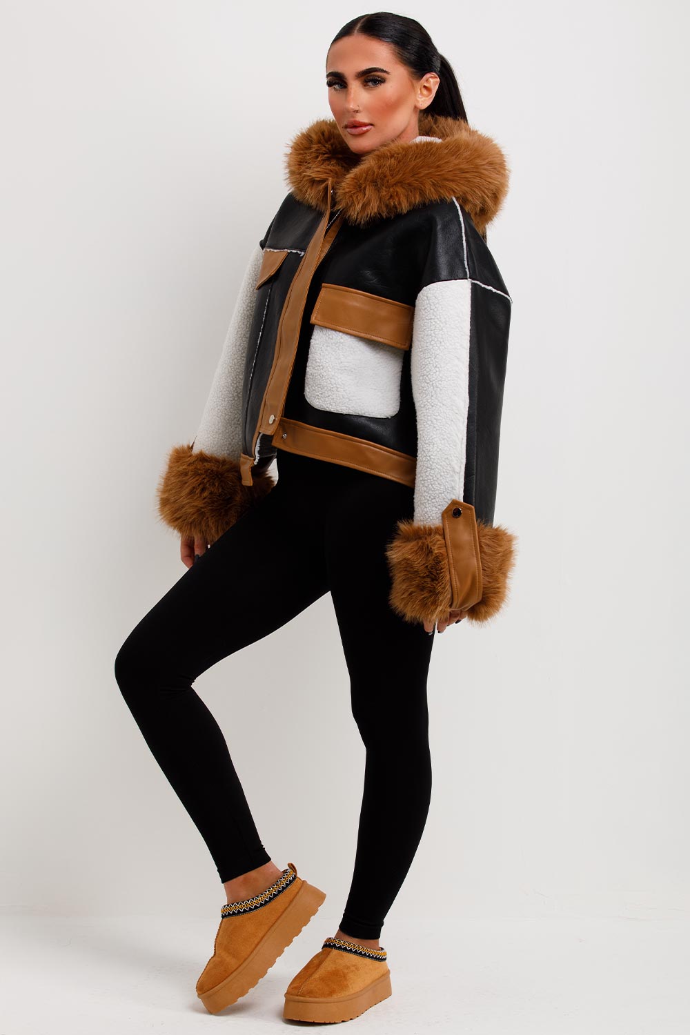 womens shearling faux fur hood faux leather shearling jacket