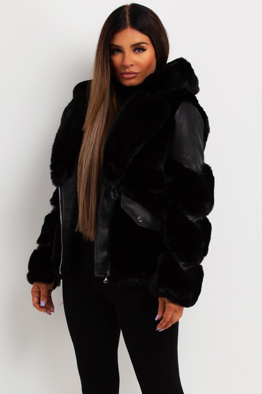 faux leather faux fur aviator jacket