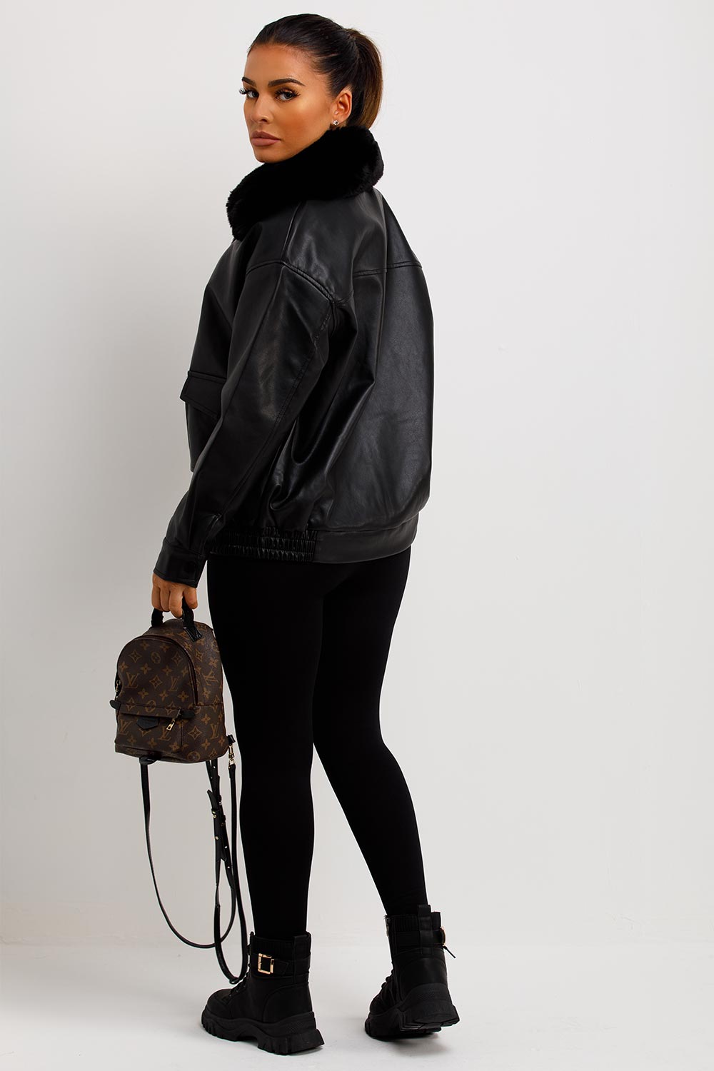 womens faux fur collar faux leather bomber jacket