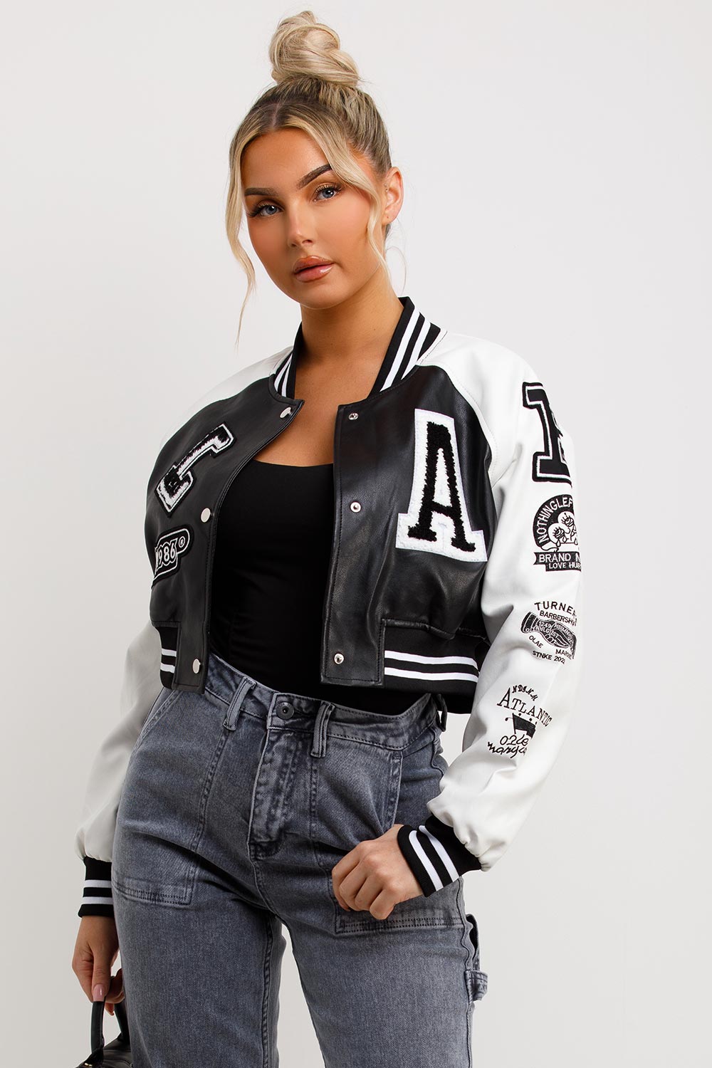 womens crop faux leather bomber jacket