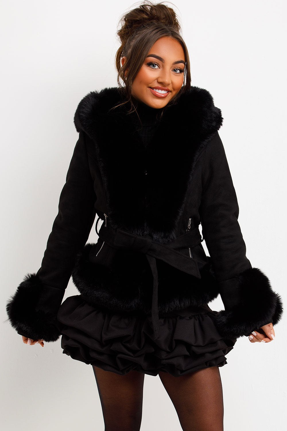 fur jacket with belt and hood styledup