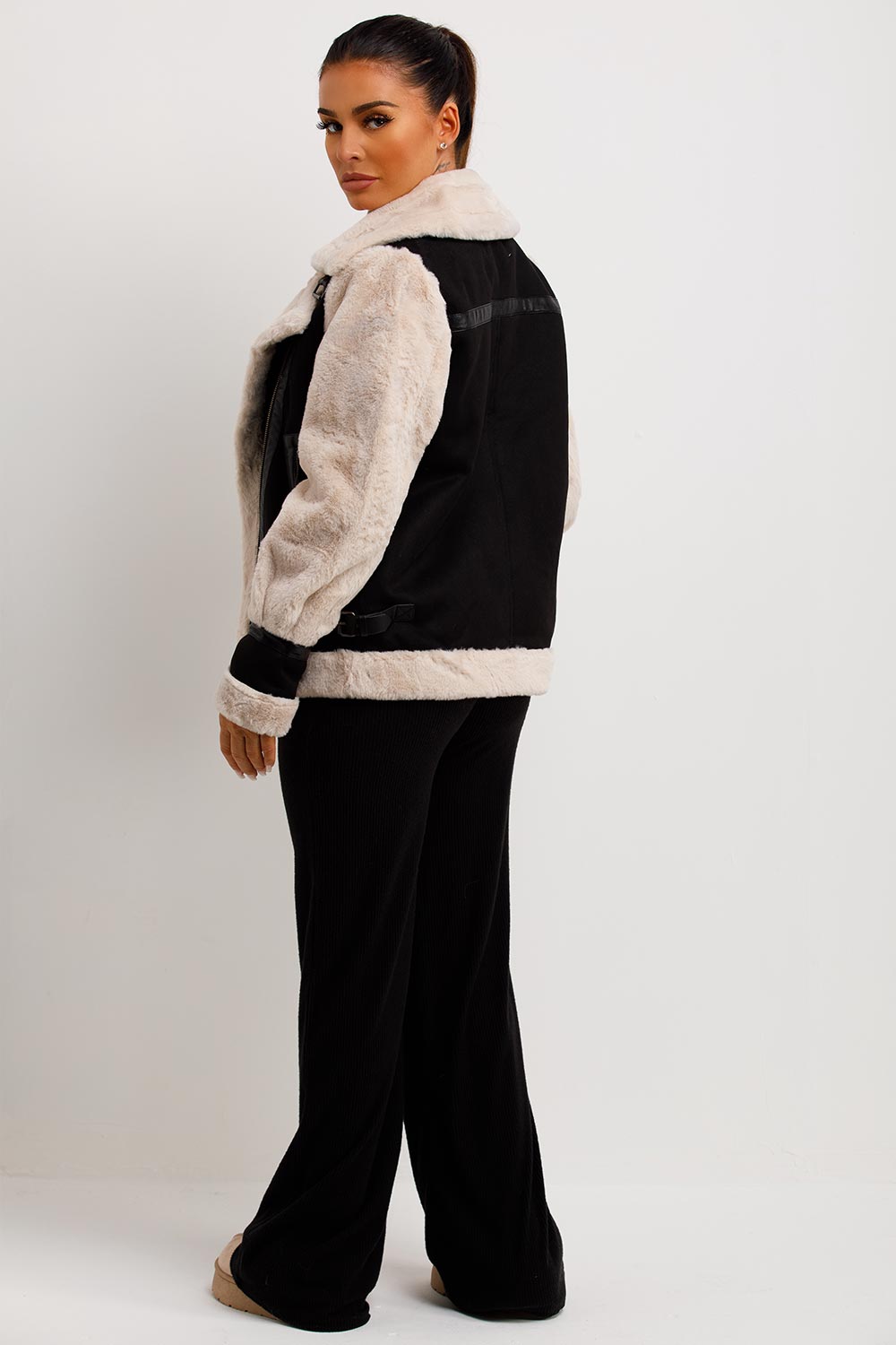 womens faux fur faux suede aviator jacket