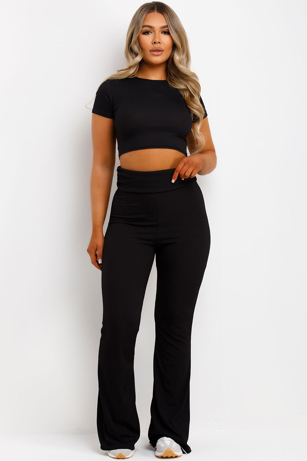 flared trousers with fold over detail and crop top co order set