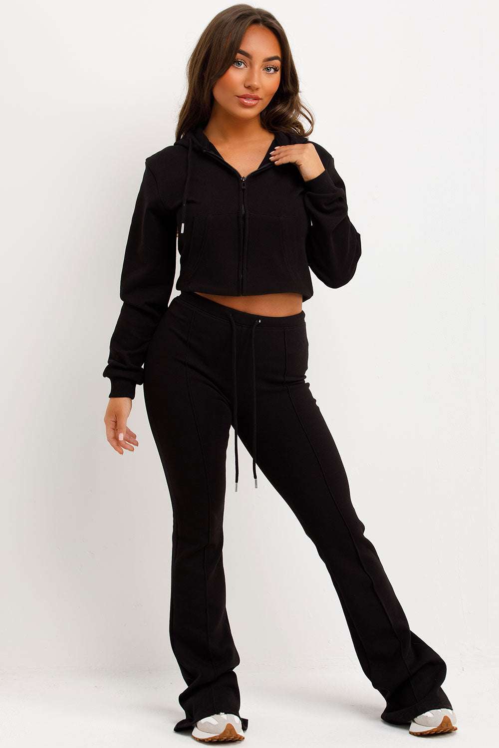 zara womens bell bottom trousers and crop sweatshirt with hood two piece loungewear set sale