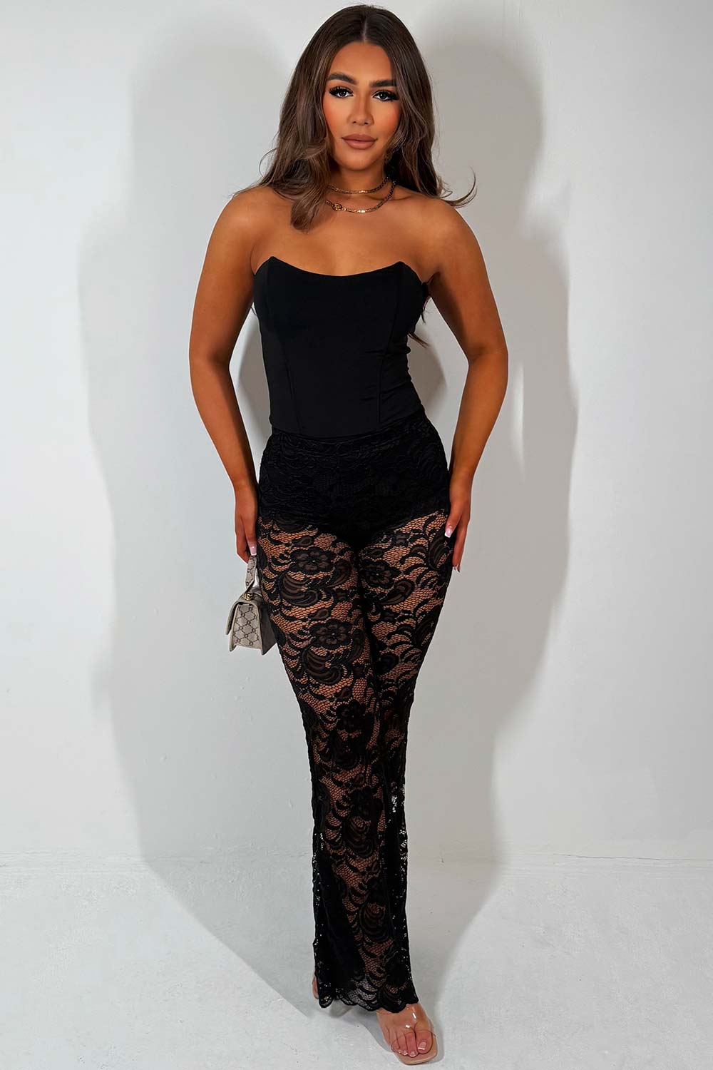 high waist flared lace trousers black
