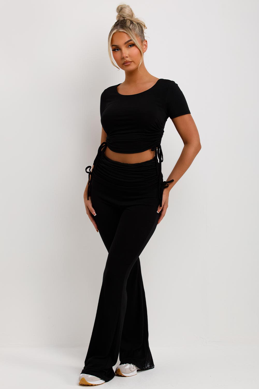 womens ruched side fold detail flare trousers and crop top co ord set
